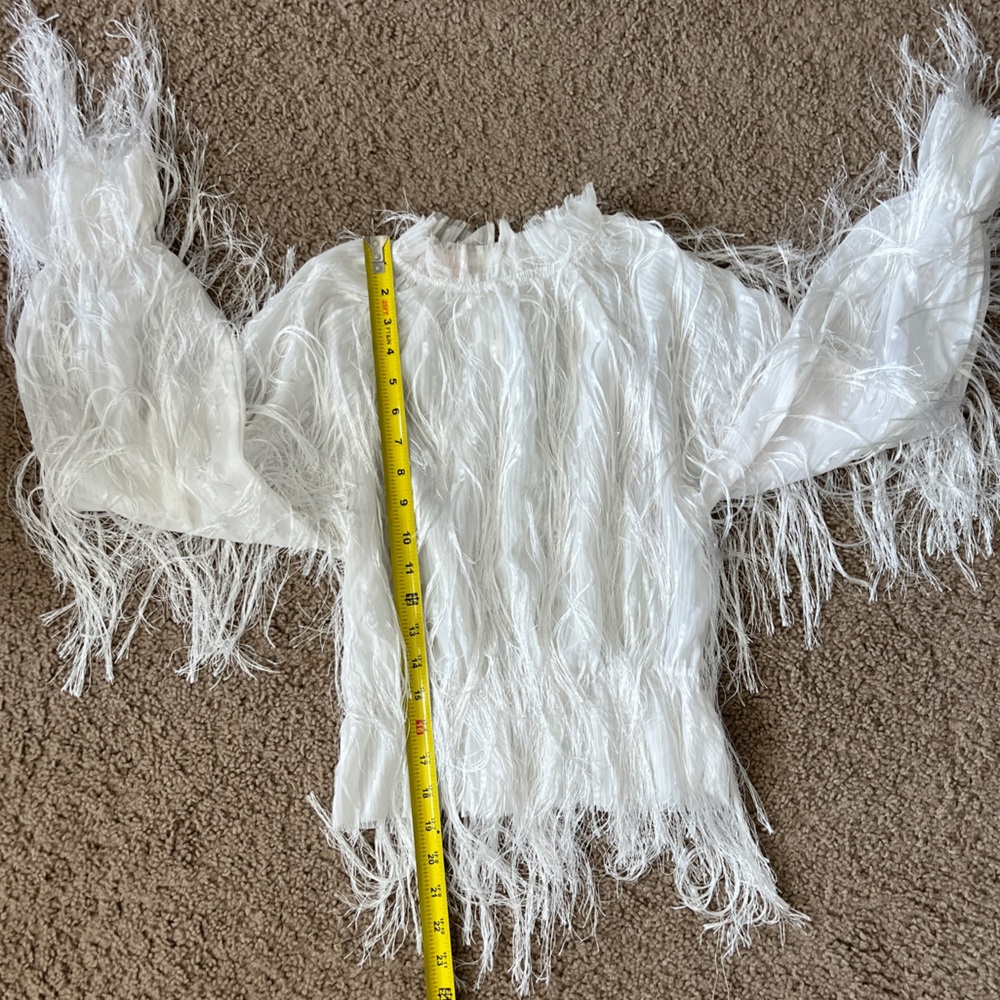 YILIBASHA White Fringe Sheer Blouse XS Fringe Textured Avant Garde Long Sleeve - Picture 9 of 11